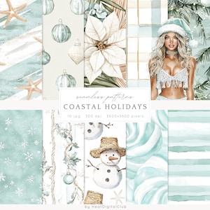 May include: A set of 10 digital seamless patterns featuring a coastal holiday theme. The patterns include snowflakes, seashells, starfish, a snowman, a woman in a Santa hat, and a poinsettia.