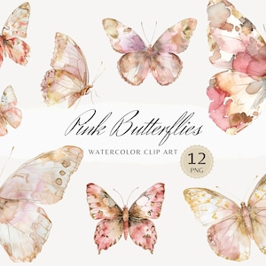 Aquarell Rosa Schmetterlinge Clipart, Schmetterling Clip Art, Vintage Illustrationen, PNG Grafiken, Sofortiger Download Aufkleber Kommerzielle Nutzung