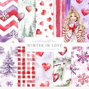 May include: A set of 10 digital seamless patterns featuring winter and love themes. The patterns include red and white gingham, purple and white snowflakes, red hearts on a white background, a purple and white chevron pattern, a green forest scene with red hearts, a red and white striped pattern, a purple and white snowflake pattern, a green pine branch with red hearts, and a woman in a red and white striped jumper holding a red envelope.