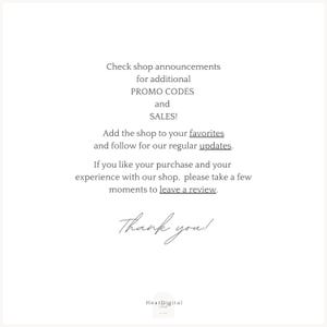 May include: Text on a white background with the message: Check shop announcements for additional PROMO CODES and SALES! Add the shop to your favorites and follow for our regular updates. If you like your purchase and your experience with our shop, please take a few moments to leave a review. Thank you! Heat Digital
