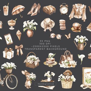 May include: A collection of 55 watercolor illustrations featuring various objects, including a bicycle, a rabbit, a dog, a cake, a lamp, a book, a vase of flowers, a hat, a pair of glasses, a coffee cup, a teapot, a gift box, a basket, a bouquet of flowers, a clock, a pair of shoes, a blanket, an umbrella, a camera, a glass of iced coffee, a glass of ice cream, a macaron, a picture frame, and a watering can. The illustrations are all in shades of brown, white, and cream, and they are set against a dark gray background. The text "55 PNG 300 DPI -2500x2500 PIXELS TRANSPARENT BACKGROUND" is also included in the image.