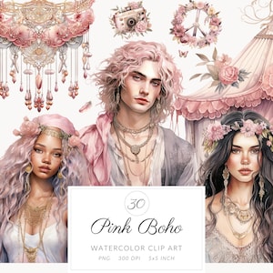 Clip art de acuarela rosa estilo boho, clipart PNG estilo cottagecore, vida en la cabaña, gráficos de estilo boho chic, paquete étnico boho, vida vintage