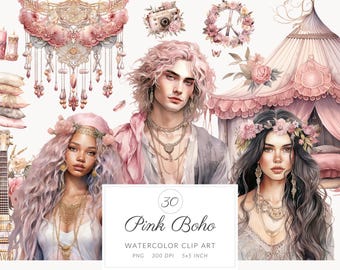 Clip art de acuarela rosa estilo boho, clipart PNG estilo cottagecore, vida en la cabaña, gráficos de estilo boho chic, paquete étnico boho, vida vintage