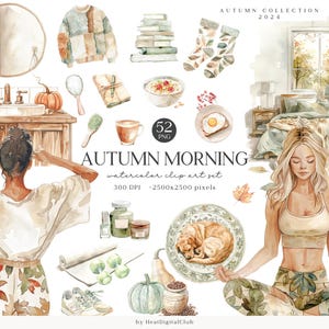 Paquete de imágenes prediseñadas de la mañana de otoño en acuarela, imágenes prediseñadas PNG de otoño, imágenes de otoño acogedoras y neutrales, estilo cottagecore, calabaza, descarga digital para uso comercial