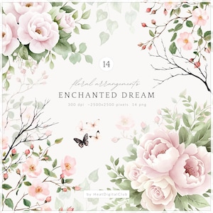 Aquarell verzauberter Traum Floral Clipart, Wildrose Blumen PNG, weiche märchenhafte Blumensträuße, Pastellgrün, Blumenarrangements, Digital