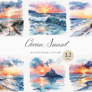 Clipart aquarelle coucher de soleil sur l'océan, clipart vue mer, graphiques png marins, paysage, png aquarelle scène océan, autocollants en téléchargement numérique