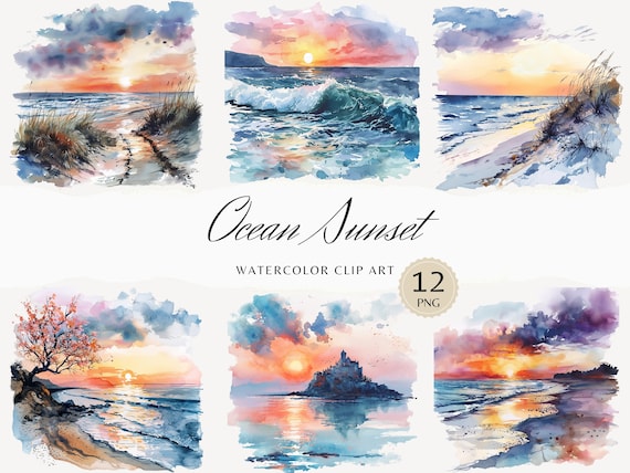 Watercolor Ocean Sunset Clipart, Sea View Clip Art, Marine png graphics, Landscape, Ocean scene watercolor png, digital  download stickers