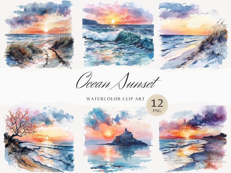 May include: A set of 12 watercolor illustrations depicting ocean sunsets. The illustrations feature a variety of scenes, including a beach with a path leading to the water, a rocky island with a castle, and a wave crashing on the shore. The sunsets are all painted in vibrant colors, with shades of pink, orange, and purple.