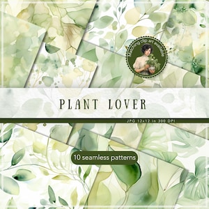 Seamless Watercolor Plant Lover Patterns, Greenery Pattern JPEG, Cottagecore Digital Download, Botanical Repeating pattern, Scrapbook Paper