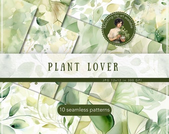 Seamless Watercolor Plant Lover Patterns, Greenery Pattern JPEG, Cottagecore Digital Download, Botanical Repeating pattern, Scrapbook Paper