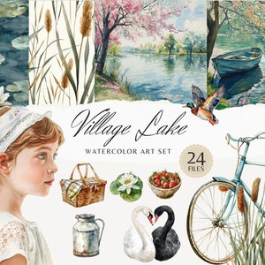 Pacote de clipart de aquarela Village Lake, clipart Cottagecore, gráficos de garotas da vila, conjunto de clipart para scrapbooking, adesivos digitais em aquarela
