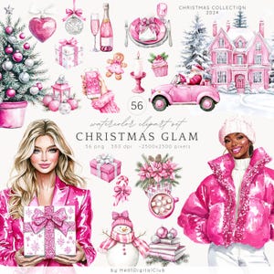 Clipart de Navidad en acuarela, clip art de Navidad glamorosa, gráficos PNG de Navidad rosa glamorosa, clipart de vacaciones, imágenes navideñas, descarga digital