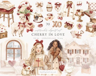 Puede incluir: Conjunto de imágenes prediseñadas de acuarela titulado "Cherry in Love" con varias ilustraciones. Incluye una llama con un lazo, una cesta de flores, una cámara, una magdalena, un suéter y dos mujeres. El conjunto también incluye el texto "70 XO".