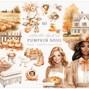 May include: Watercolor clipart set titled "Pumpkin Soul" featuring various autumn-themed illustrations. The image includes pumpkins, a farmhouse, fall foliage, and two women. The set also includes a pie, a goose, and a squirrel in a pumpkin.