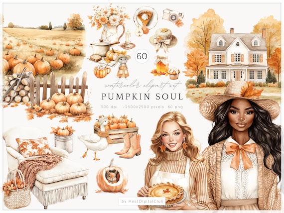 Watercolor Pumpkin Clipart Set, Cozy Cottagecore Fall PNG (Digital Download)
