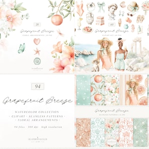 Può includere: Una collezione di illustrazioni ad acquerello a tema estivo. L'immagine include composizioni floreali, clipart e motivi senza cuciture. La tavolozza dei colori presenta rosa, verdi e arancioni tenui. Il testo sull'immagine recita "Grapefruit Breeze".