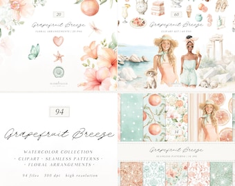 Watercolor Summer Clipart, Grapefruit Breeze, Mediterranean Beach Clipart, Coastal Aesthetic, Citrus Clipart, Vacation Clipart,Digital