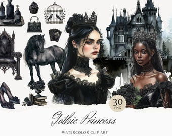 Watercolor Gothic Princess Clipart Bundle, Gothic Girl, Goth Dark Academia PNG, Digital Download, Fantasy Card Making Scrapbook Junk Journal