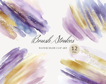 Imágenes prediseñadas de pinceladas de acuarela morada, purpurina dorada y papel de aluminio, trazo de pincel PNG, gráficos, descarga instantánea para uso comercial