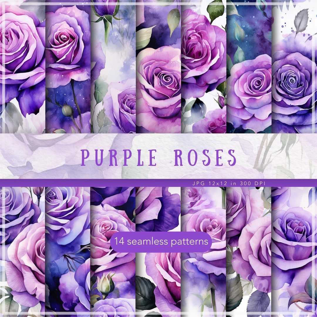 Seamless Watercolor Purple Roses Floral Patterns, Flowers JPEG ...