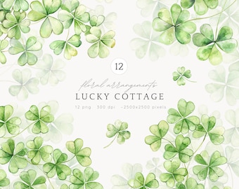 Watercolor Shamrock Floral Arrangement Clipart, St Patricks Day PNG (Digital Download)