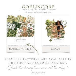 Op de afbeelding: Een digitale illustratieset met aquarel-clipart en naadloze patronen met een goblincore-thema. De clipart toont twee vrouwen met lang haar, die jurken dragen en boeken vasthouden, voor een klein huisje met een groen dak. De naadloze patronen omvatten verschillende ontwerpen met paddenstoelen, bladeren en andere natuur-ge&iuml;nspireerde elementen.