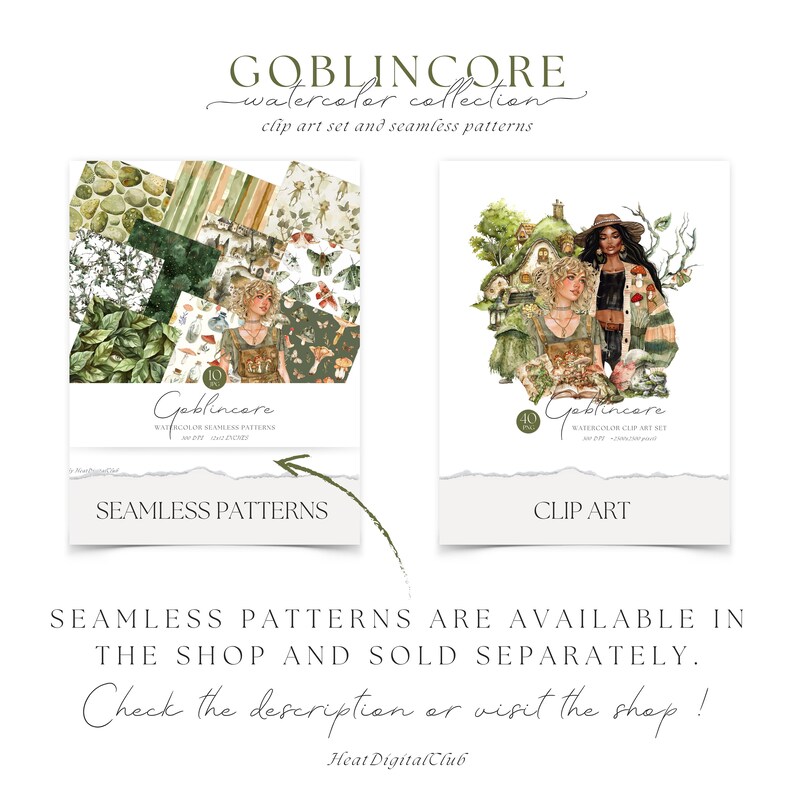 Op de afbeelding: Een digitale illustratieset met aquarel-clipart en naadloze patronen met een goblincore-thema. De clipart toont twee vrouwen met lang haar, die jurken dragen en boeken vasthouden, voor een klein huisje met een groen dak. De naadloze patronen omvatten verschillende ontwerpen met paddenstoelen, bladeren en andere natuur-ge&iuml;nspireerde elementen.