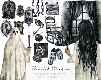 Watercolor Haunted Mansion Halloween Clipart, Spooky Creepy Gothic Clip Art PNG, Haunted House Graphics, Ghosts, Mystery, Digital Download