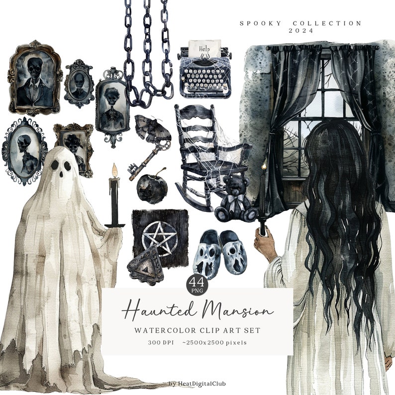 May include: A set of 44 watercolor clip art images featuring a haunted mansion theme. The images include a ghost, a rocking chair, a typewriter, a window with curtains, a key, a black cat, a pentagram, a candle, a pair of slippers, and more.