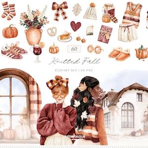 Puede incluir: Ilustración en acuarela con elementos otoñales: calabazas, suéteres, calcetines, zapatos y una escena de ventana con dos figuras. También aparece el texto "Knitted Fall".