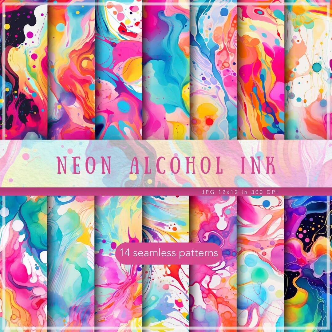 Seamless Neon Alcohol Ink Patterns, Watercolor Splash JPG Digital