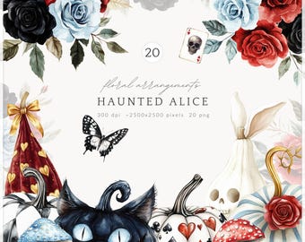 Watercolor Haunted Alice Floral Arrangements Clipart,  Halloween Wonderland PNG, Pumpkins PNG, Mushrooms, Roses, Gothic Clipart, Digital