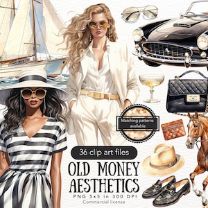 Bundle di clipart di estetica di denaro antico ad acquerello, clipart di classe ed elegante, PNG di borse di lusso, adesivi di download digitale di moda, uso commerciale