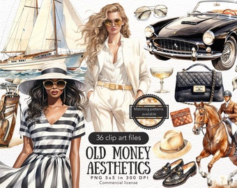 Watercolor Old Money Clipart Bundle, Classy Fashion PNG Stickers (Digital Download)