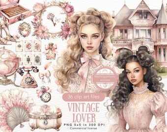 Aquarel Vintage Lover Clipart-bundel, antieke illustraties, Cottagecore PNG, Cottage Living digitale download stickers, commercieel gebruik