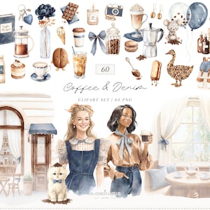 May include: A watercolour clipart set named "Coffee & Denim" with coffee-related illustrations, cafe scenes, and two women. It includes coffee cups, desserts, and decorative elements in a soft, muted colour palette.