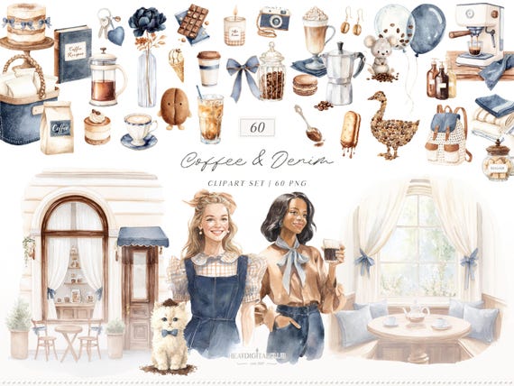 Watercolor Coffee Clipart Set, Denim, Cozy Lifestyle Cottagecore Graphics (Digital Download)