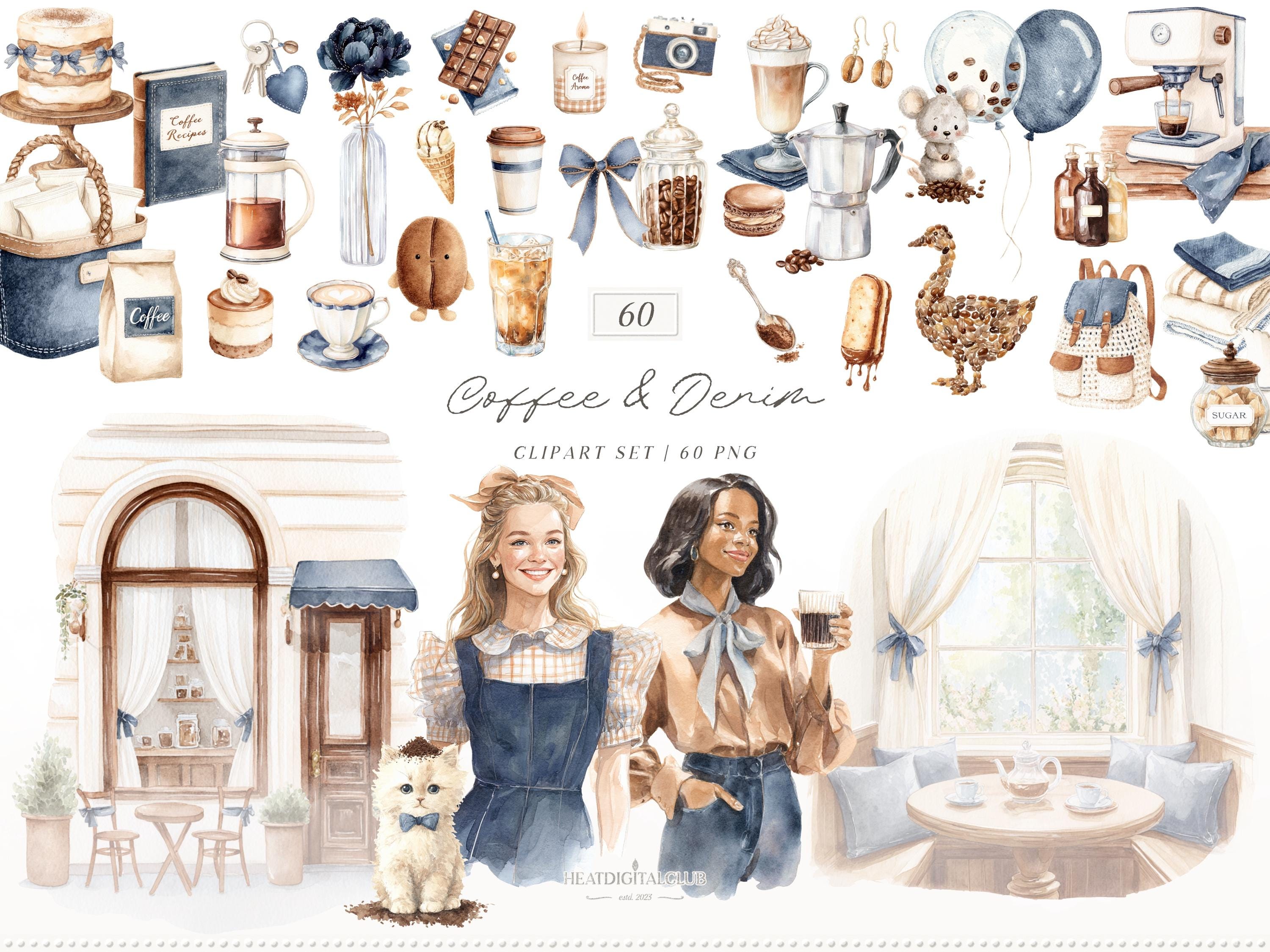 Watercolor Coffee and Denim Clipart Set, Coffee PNG, Denim Aesthetic ...