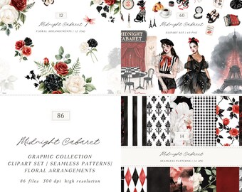 Watercolor Halloween Clipart Seamless Patterns Bundle, Midnight Cabaret Paris Gothic Florals (Digital Download)