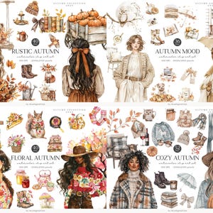 May include: Watercolor clip art set with autumn themes. The image features illustrations of women, pumpkins, and fall-themed accessories. The text includes "Rustic Autumn", "Floral Autumn", "Autumn Mood", and "Cozy Autumn".