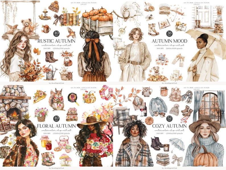 May include: Watercolor clip art set with autumn themes. The image features illustrations of women, pumpkins, and fall-themed accessories. The text includes "Rustic Autumn", "Floral Autumn", "Autumn Mood", and "Cozy Autumn".