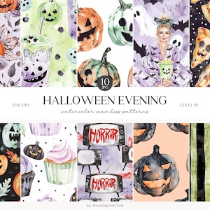 水彩ハロウィーンの夜のシームレスなパターン、不気味なゴシック花柄 JPEG、頭蓋骨、暗い、コウモリ、デジタル繰り返しパターン、スクラップブック用紙