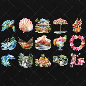 May include: Watercolour illustrations of Hawaiian themed items on a black background. Includes a sea turtle, seashell, beach house, umbrella, ukulele, surfer, hammock, volcano, shaved ice, flower wreath, dolphin, waterfall, pineapple, goggles, and a pink scooter.