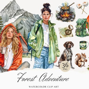 Aquarelle forêt aventure Clipart, clipart camping, voyage PNG Bundle, tente, Illustrations de feu de camp, usage Commercial, autocollants numériques