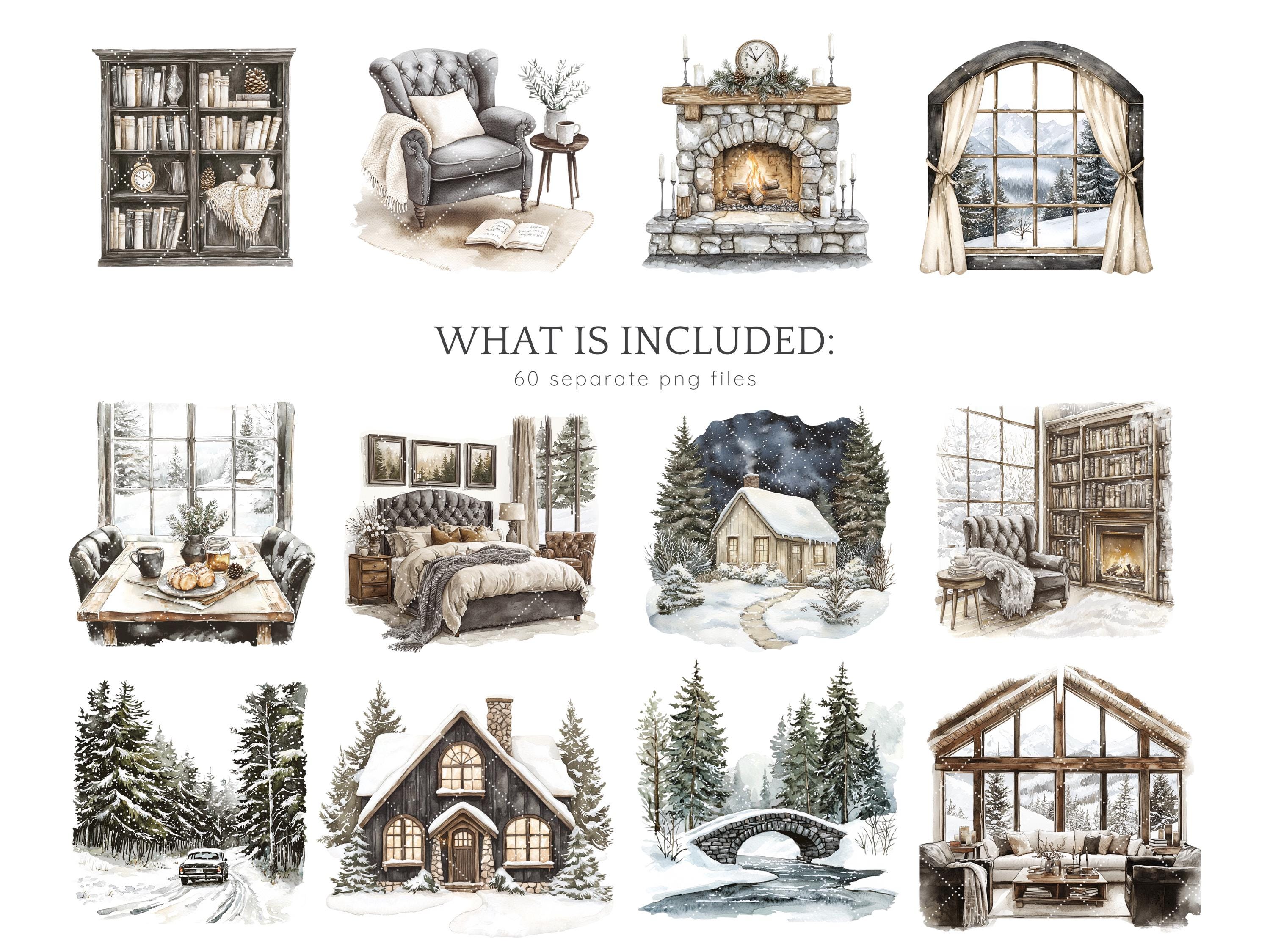 Watercolor Winter Mood Clipart, Cozy Winter Clip Art Bundle, Rustic ...