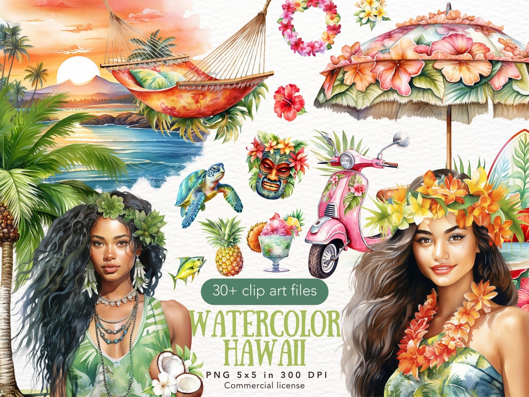 Watercolor Summer Hawaii Clipart Watercolor Surfing Tropical Island ...