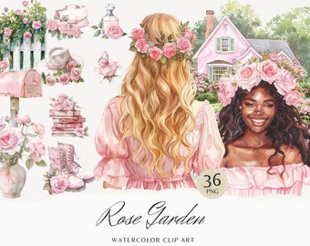 Pacchetto Clipart Acquerello Rose Garden, ClipArt di rose rosa, grafica estiva, fiori primaverili, stagionale, ragazza acquerello, download digitale