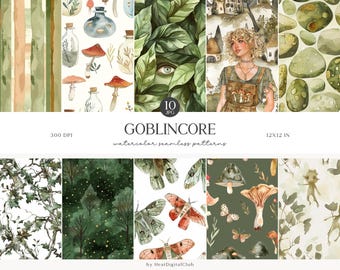 Aquarell Goblincore nahtlose Muster, grüner Wald Märchen Muster JPEG, Pilze, digitaler Download, sich wiederholendes Muster Scrapbook-Papier