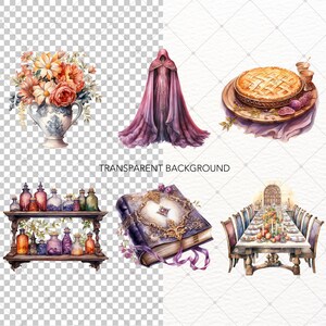 May include: A set of watercolor illustrations featuring a purple hooded cloak, a bouquet of flowers in a vase, a pie on a plate, a shelf of potion bottles, a book with a gold clasp, and a table set for a feast.