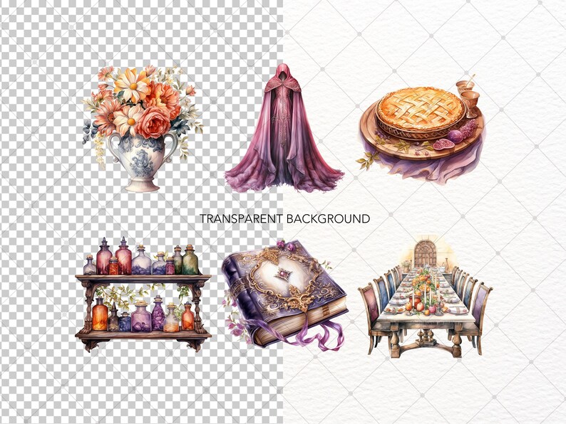 May include: A set of watercolor illustrations featuring a purple hooded cloak, a bouquet of flowers in a vase, a pie on a plate, a shelf of potion bottles, a book with a gold clasp, and a table set for a feast.